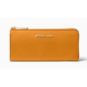 New Michael Kors Jet Set Travel Large Leather Quarter-Zip Wallet Honeycomb